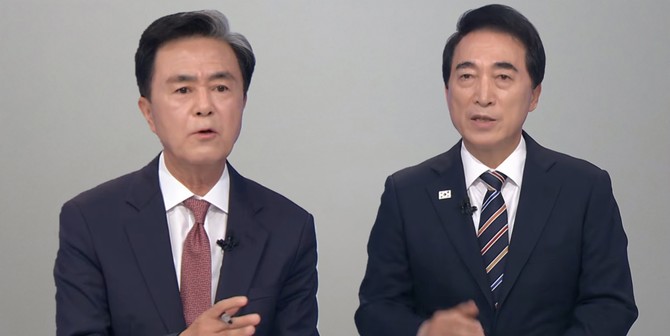 왼쪽부터 국민의힘 김태흠 후보, 더불어민주당 박수현 후보. = 오영태 기자