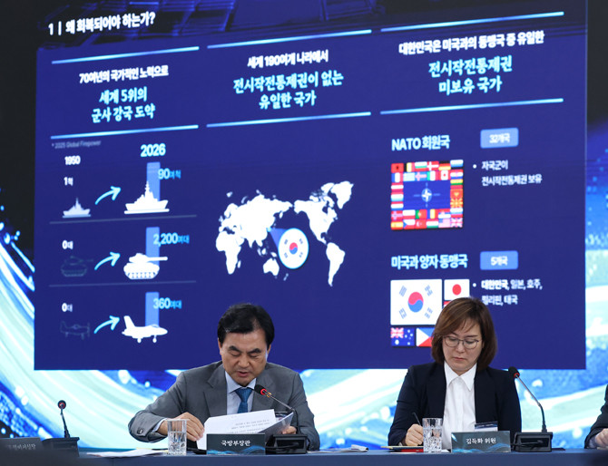 안규백 국방부 장관이 전작권 조기 회복 관련 보고를 하고 있다. ⓒ 연합뉴스