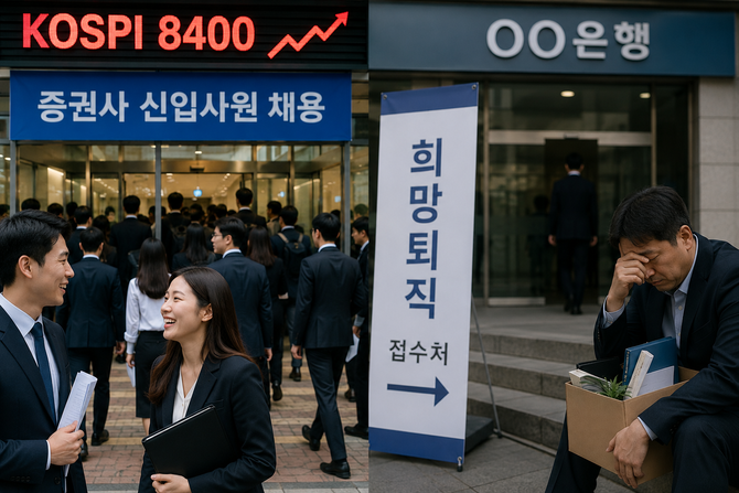 코스피 활황으로 증권사 채용이 확대되며 임직원 수가 17년 만에 최대 수준을 기록한 반면, 은행권은 희망퇴직 기조가 이어지며 금융권 내 온도차가 커지고 있다. ⓒ 챗GPT 생성 이미지
