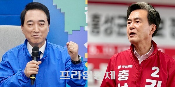 왼쪽부터 더불어민주당 박수현 후보, 국민의힘 김태흠 후보. =오영태 기자