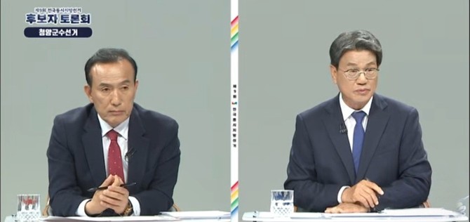 27일 TJB를 통해 방송된 충남 청양군수 후보자 토론회에서 더불어민주당 김돈곤 후보(오른쪽)와 국민의힘 김홍열 후보(왼쪽)가 토론회에서 강한 존재감을 드러냈다. ⓒ TJB 후보자 토론회 캡처