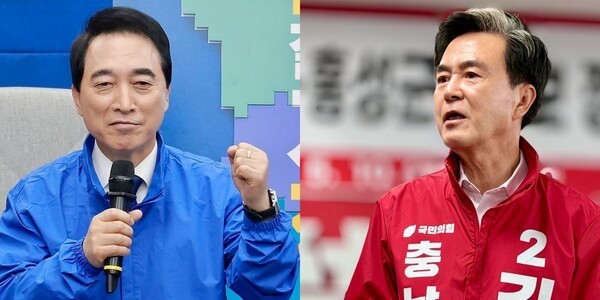 왼쪽부터 더불어민주당 박수현 후보, 국민의힘 김태흠 후보. = 오영태 기자