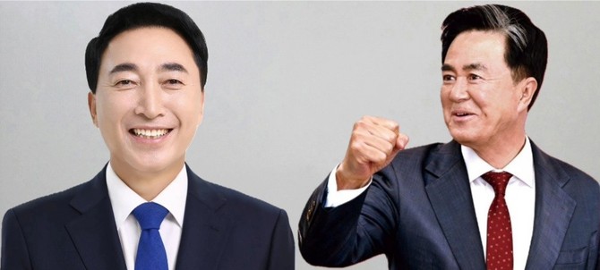 왼쪽부터 더불어민주당 박수현 후보, 국민의힘 김태흠 후보. =오영태