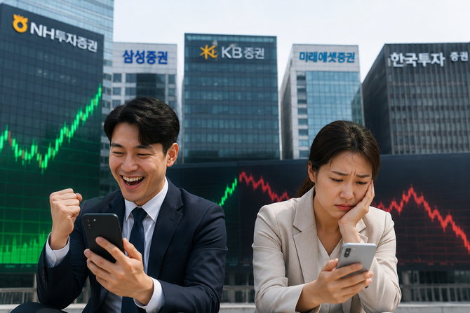 증시 활황과 거래대금 급증으로 증권사 실적 기대가 커지고 있지만 증권주를 둘러싼 하반기 전망은 엇갈리고 있다. ⓒ 챗GPT 생성 이미지