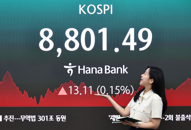 2일 서울 중구 하나은행 딜링룸 현황판에 코스피가 표시되고 있다. 이날 코스피는 전 거래일 대비 13.11p(0.15%) 오른 8801.49에, 코스닥은 24.00p(2.29%) 내린 1026.03에 장을 마감했다. ⓒ 연합뉴스