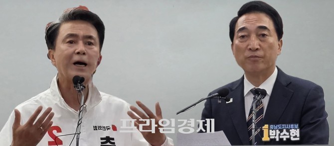 왼쪽부터 국민의힘 김태흠 후보와 더불어민주당 박수현 후보가 지난 2일 충남도청 프레스센터에서 기자회견을 하고 있다. =오영태 기자