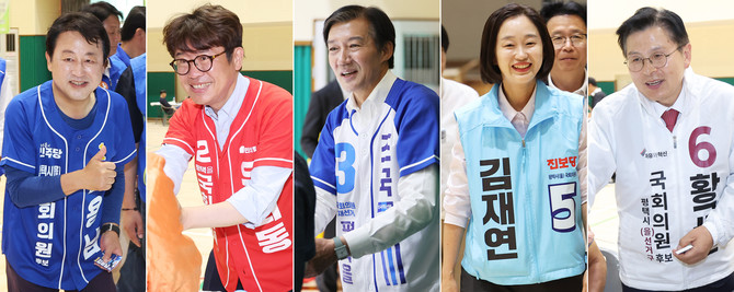 왼쪽부터 김용남 더불어민주당·유의동 국민의힘·조국 조국혁신당·김재연 진보당·황교안 자유와혁신 경기 평택을 국회의원 재선거 후보. ⓒ 연합뉴스