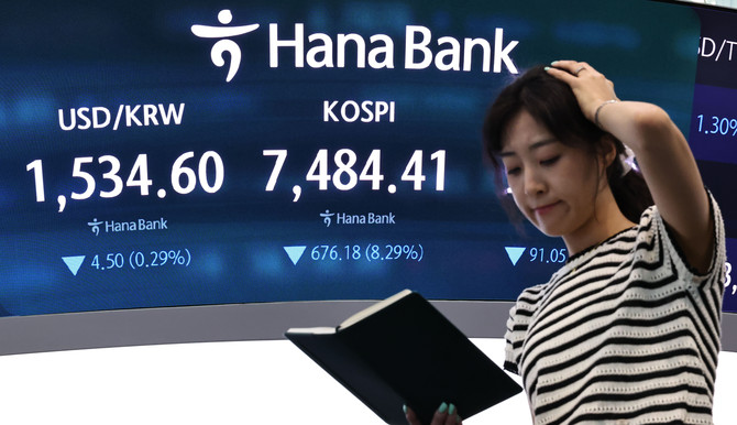 8일 서울 중구 하나은행 딜링룸 현황판에 코스피 등이 표시되고 있다. 이날 코스피는 676.18p(-8.29%) 내린 7484.41에, 코스닥은 91.05p(-9.08%) 내린 911.39에 장을 마감했다. ⓒ 연합뉴스