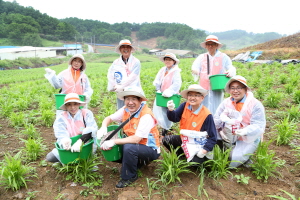  한국거래소 임직원들이 1사1촌 자매결연 마을인 경기 연천 북삼리마을을 방문, 율무밭 거름주기 봉사활동을 하며 파이팅을 외치고 있다. ⓒ 한국거래소