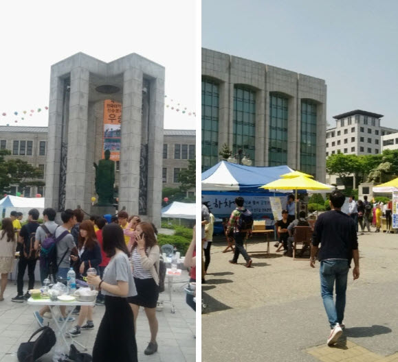  축제 기간이지만 바삐 스쳐 지나가거나, 도서관으로 향하는 학생들이 보인다. 대학은 이제 더 이상 지성인의 집합소나 진리탐구의 기관이 아니다. 파편화된 취업준비생들이 모인 대학은 이미 산업화된지 오래다. 사진 속 대학들은 특정 기사내용과 직접적 연관 없음. = 임혜현 기자