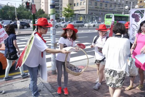  미국북서부체리협회가 7일 '깜짝 체리타임' 이벤트를 열고 시민들에게 북서부 체리를 무료로 나눠주고 있다. ⓒ 미국북서부체리협회