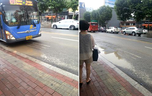  비가 내릴 때마다 중앙버스전용차로에는 포트홀이 생겨 흙탕물이 고인다. 버스가 무심코 지날 때마다 승강장의 버스 이용객에게 흙탕물이 튀기도 한다. = 조민경 기자