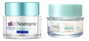  뉴트로지나 하이드레이팅 젤(사진 좌), 더페이스샵 치아씨드 피지 잡는 수분크림(사진 우). ⓒ 각사