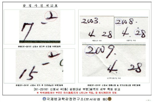 대출약정서에서 필적위조 흔적이 발견됐다. ①= 민원인 선모씨