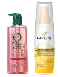  허벌 에센스 핑크 로즈 샴푸(좌), 팬틴 딥 리페어 에센스(우). ⓒ 각사