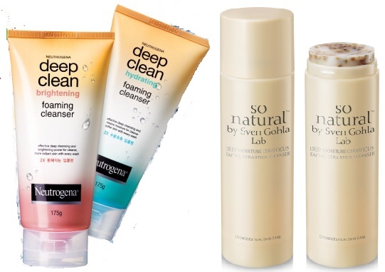  뉴트로지나 2X 더블 딥클린 클렌저(사진 왼쪽), 쏘내추럴 세라포커스 페이셜 세라 스틱 클렌저(사진 오른쪽). ⓒ 각사