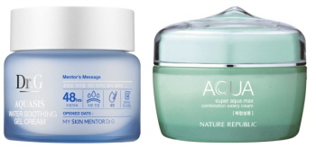  고운세상 코스메틱 닥터지 아쿠아 워터 수딩 젤 크림(사진 좌), 네이처리퍼블릭 슈퍼 아쿠아 맥스 컴비네이션 수분크림(사진 우). ⓒ 각사