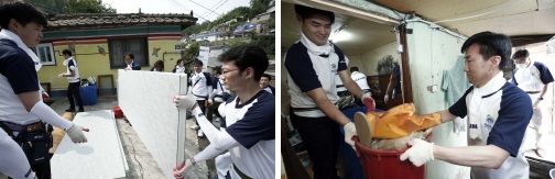  대림그룹 임직원들이 서울시 서대문구 세검정로에 위치한 개미마을에서 희망의 집고치기 활동을 하고 있다(왼쪽). 김한기 대림산업 건축사업본부장이 희망의 집고치기 활동을 위해 자재를 나르고 있다(오른쪽). ⓒ 대림산업