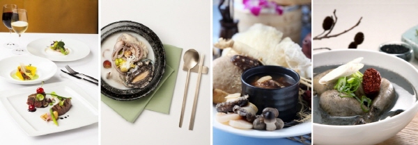  왼쪽부터 더 플라자 고메크루즈 스테이크 특선, 쉐라톤 그랜드 워커힐 해신탕, 롯데호텔서울 고법 불도장, 쉐라톤 서울 디큐브시티 흑임자 삼계탕. ⓒ 각사