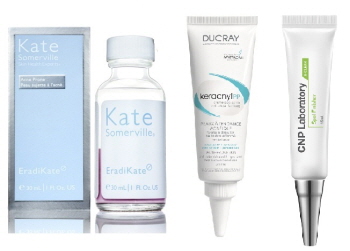  케이트 서머빌 이레디케이트(좌), 듀크레이의 케라크닐 PP크림(가운데), CNP차앤박화장품 에이클린 스팟 피니셔(우). ⓒ 각사