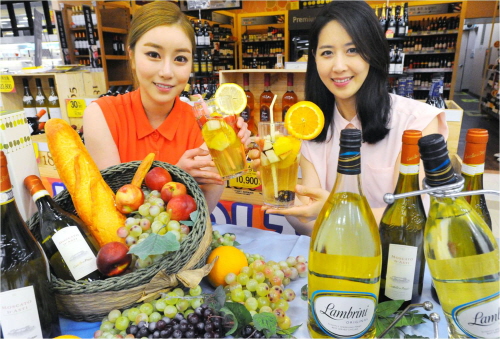  7일 홈플러스 영등포점에서 모델들이 화이트와인으로 만든 칵테일과 휴대용 쿨러백을 선보이고 있다. 홈플러스는 30일까지 카스텔로 델 포지오 화이트 와인을 할인 판매하고 휴대용 쿨러백 증정행사를 진행 중이다. ⓒ 홈플러스