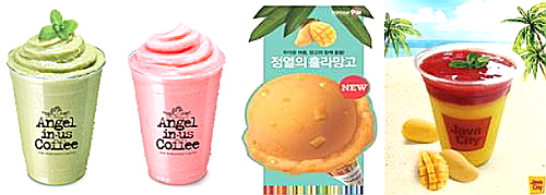  왼쪽부터 엔제리너스커피 '아보카도 스노우', '구아바 스노우', 나뚜루팝 '정열의 훌라망고', 자바씨티 '망고베리. ⓒ 각사