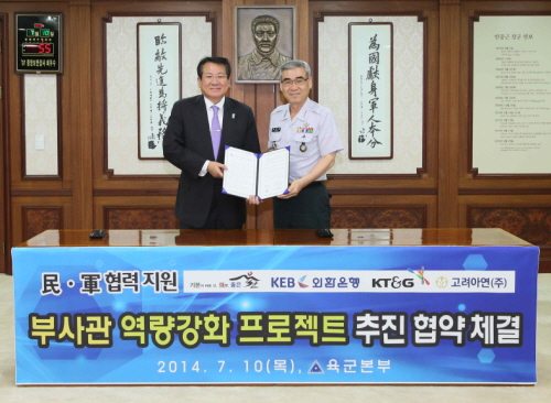  외환은행은 지난 10일 충남 계룡시에 위치한 육군본부를 방문하여 '한-베트남 간 군사교류 지원 및 모범 부사관 역량강화 협약'을 체결했다고 11일 밝혔다.협약 체결 후 김한조 외환은행장(사진 왼쪽), 권오성 육군참모총장(사진 오른쪽)이 기념촬영을 하고 있다. ⓒ 외환은행