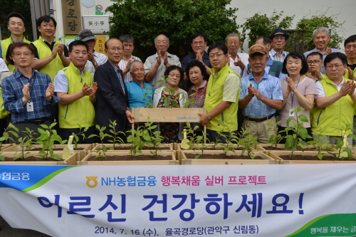  이경섭 NH농협금융지주 부사장(오른쪽에서 네 번째)과 임직원들이 16일 서울 신림동 율곡경로당을 방문해 직접 만든 상자텃밭을 어르신들께 전달하고 있다. ⓒ 농협금융지주