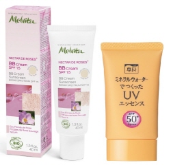  멜비타 로즈 넥타 BB크림 SPF 15(사진 좌), 센카 미네랄 에센스 UV(사진 우). ⓒ 각사