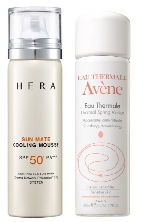  헤라 선 메이트 쿨링 무스(좌), 아벤느 오 떼르말(우). ⓒ 각사