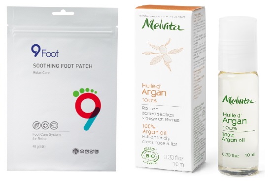  나인풋 수딩 풋 패치(좌), 멜비타 아르간 롤온 뷰티 오일(우). ⓒ 각사