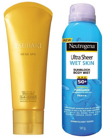  츠바키 헤드스파 마사지 스파 마스크(좌), 뉴트로지나 울트라 쉬어 웻 스킨 선블럭(우). ⓒ 각사