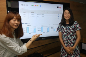  올해 3월 입사한 KTDS 고졸 신입사원 안휘진(오른쪽)&middot;채정희 사원은 IT서비스의 정상적인 동작을 모니터링 하는 시스템을 개발해 시연하고 있다. ⓒ KTDS