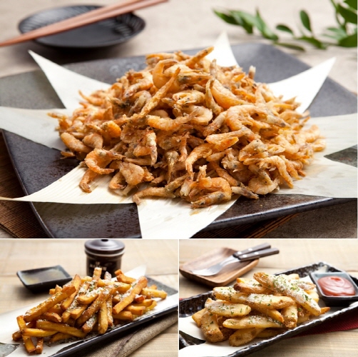  꼬지마루의 '고맥'(고구마튀김+맥주), '새맥'(민물새우깡+맥주), '감맥'(포테이토킹+맥주)이 맥주마니아들에게 관심 받고 있다. ⓒ 꼬지마루