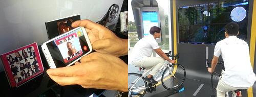  (왼쪽)증강현실을 이용해 가수 앨범에 스마트폰을 가까이 하면 해당 가수의 뮤직비디오를 볼 수 있다. 또, SK텔레콤은 헬스온 프로그램을 이용한 헬스케어를 소개했다. ⓒ 프라임경제