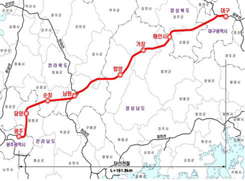  광주~대구 철도 노선도
