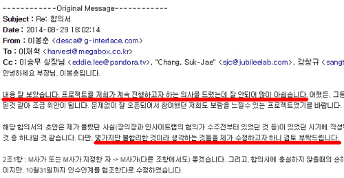메가박스와 지인터페이스 사이에 주고 받은 이메일에서는 합의서에 대한 수정을 요구하는 사항이 기재돼 있다. ⓒ 프라임경제